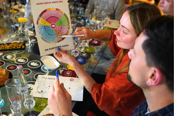 Zwei Gäste des Gin-Workshops bei Mampe wählen auf einer bunten Scheibe mit verschiedenen Geschmacksnuancen die optimale Zusammenstellung für ihren Gin aus.